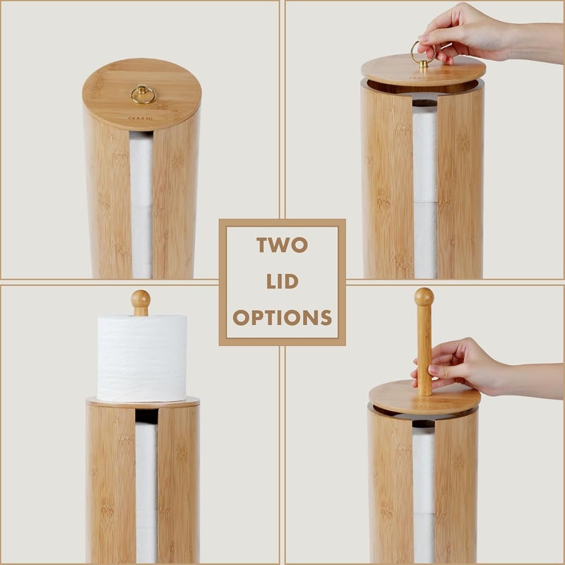 GOBAM Bamboo Toilet Paper Storage with Dual-Use Lid, Freestanding Bathroom Tissue Organizer with Viewing Slot, Built-In Handle, Anti-Slip Base, Compact Toilet Paper Holder Stand for up to 3 Mega Rolls - Image 4
